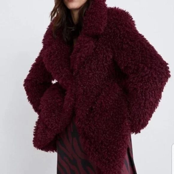 Zara Burgundy Teddy Coat XS - Picture 1 of 8